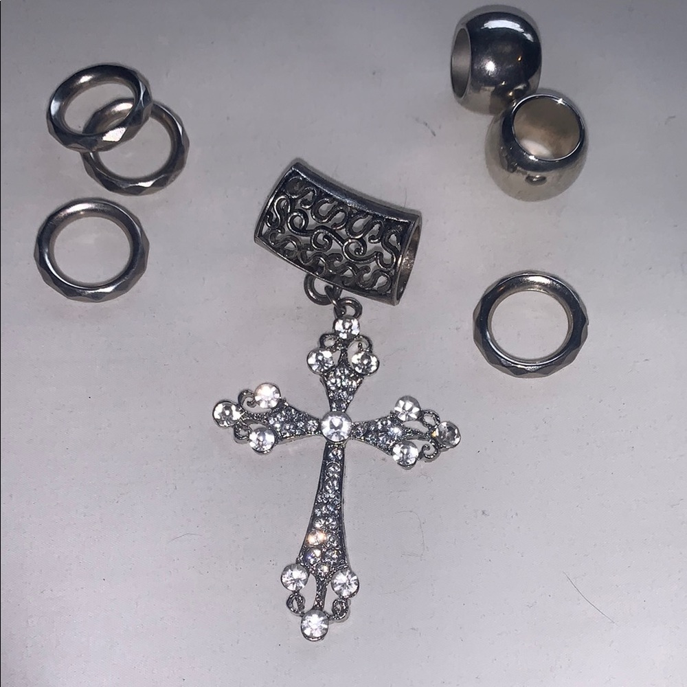 Scarf Beads, Silver Cross Pendant with Crystal Accents